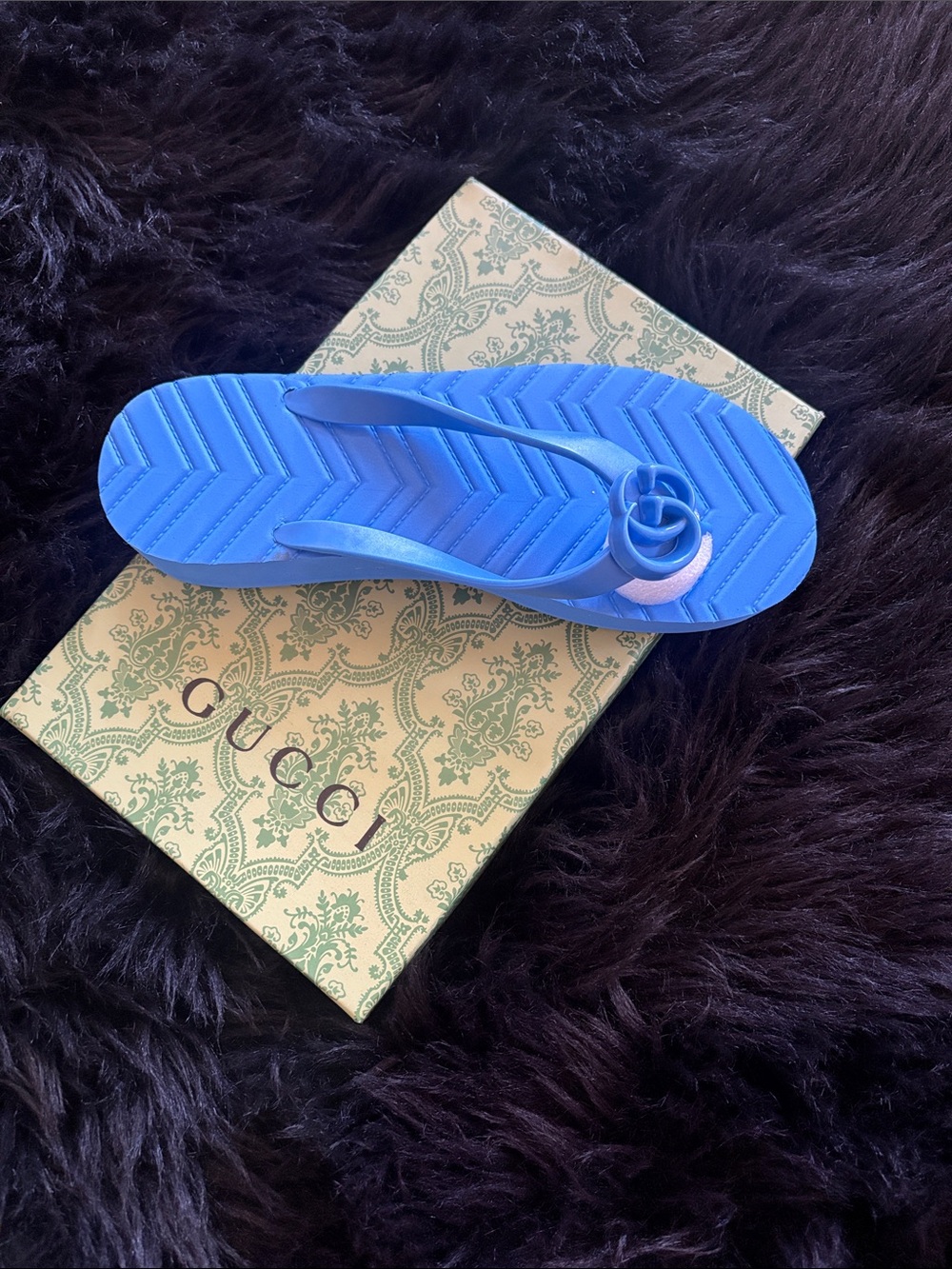 Gucci Blue Floral-Rosette Flip Flop Sandal